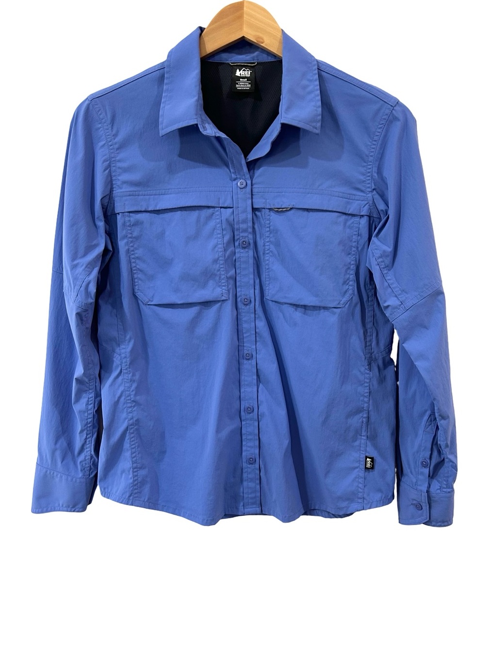 REI Co-Op women’s Sahara Button Up Shirt S blue Outdoor Roll Tab Sleeve hiking